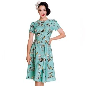 Teal Bird Print Dress Hell Bunny Vintage midi